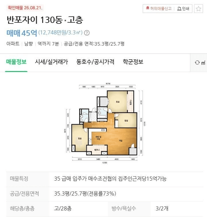 반포자이 45억, 집주인 대출 15억 가능