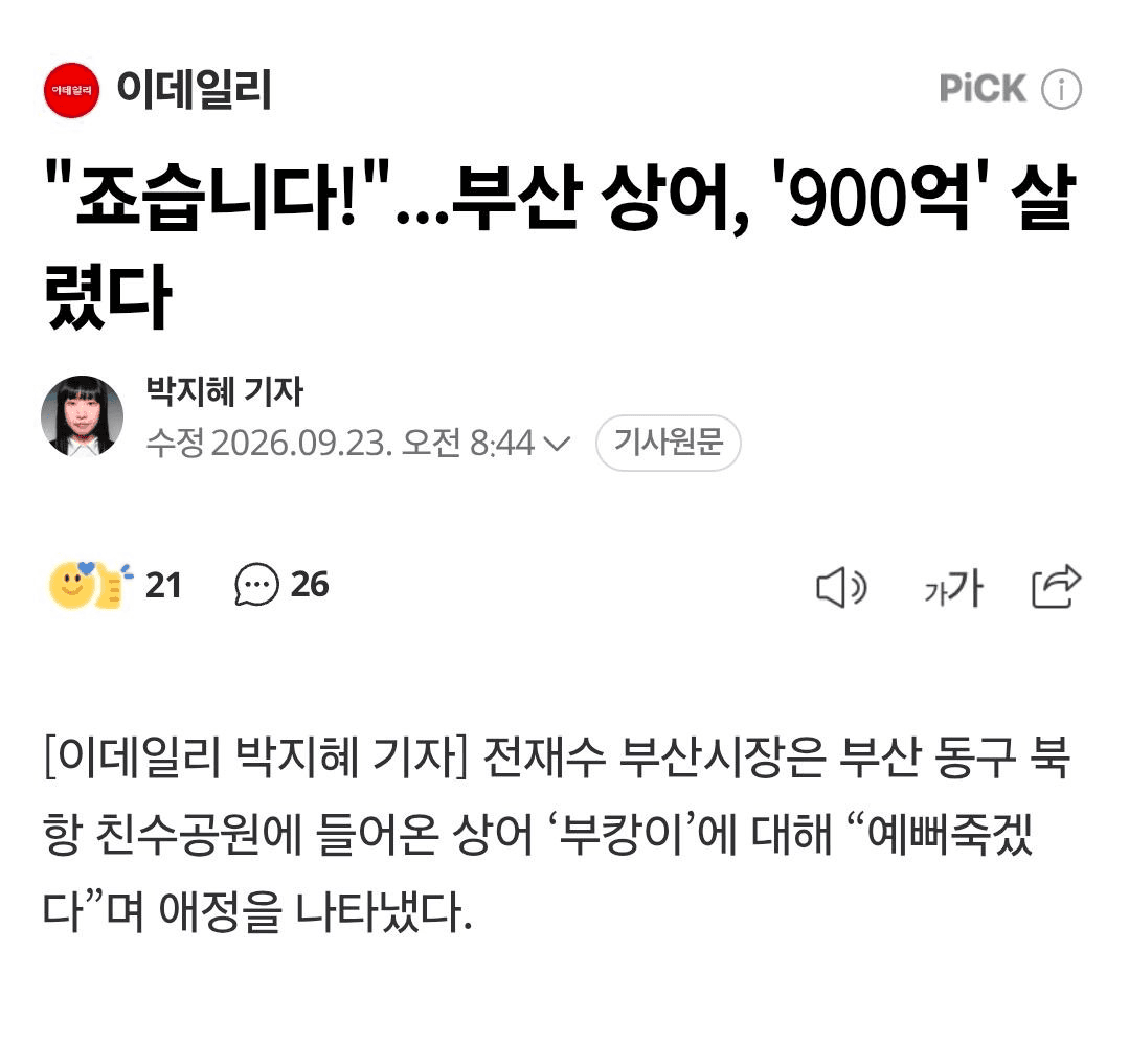 부산 상어, 900억 들인 공원 살렸다. 원문

부산 시장 "부캉이 예뻐죽겠다."