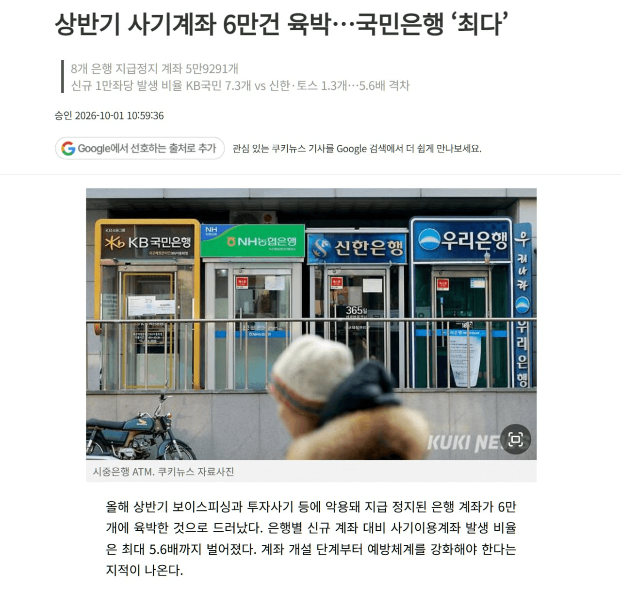 가상자산 거래소와의 원화 입출금 계좌 제휴가 사기이용계좌 증가에 영향을 미친 것으로 파악됐다. KB국민은행의 신규 1만좌당 사기이용계좌는 빗썸과 제휴하기 전인 2024년 4.3개에서 지난해 11.9개로 급증했다. 

올해 상반기에는 7.3개로 낮아졌으나 여전히 8개 은행 중 가장 높은 수준을 유지했다.

https://www.kukinews.com/article/view/kuk202610010045
