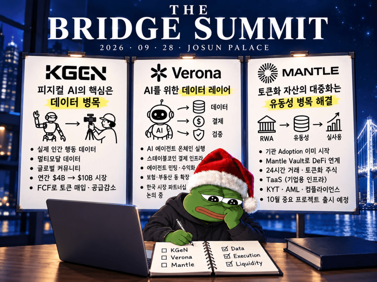 🟢 Bridge Summit에서 엿들은 프로젝트들의 비전

어제 진행된 브릿지 서밋에 참여한 3개 팀의 앞으로의 비전을 엿들을 수 있었는데요. 관련해서 간단하게 요약해왔습니다.

✅ KGeN: 피지컬 AI의 핵심은 데이터 병목

-피지컬 AI 로봇은 100번의 행동에서 1번의 실수도 위협적이기에 높은 정확도 필요

-이러한 높은 정확도를 올리기 위해 필요한 것이 '실제 인간 행동 데이터'

-로봇이 현실에서 해야할 행동은 인간이 실제수행하고 이를 촬영, 검증, 가공하여 데이터화

-영상, 시각, 청각, 촉각 등 다양한 행동을 복합적으로 반영한 멀티모달 데이터 필요

-멀티모달 데이터는 각 지역의 생활방식이 다르기에 글로벌 커뮤니티가 중요

-현재 KGeN은 라틴아메리카에서 가장 큰 시장을 형성하고 있으며 한국시장에서도 매우 활발한 커뮤니티 중 하나

-로봇 학습용 데이터 시장은 연간 약 4B ~ 10B 규모로 다양한 VC 자금이 빠르게 유입 중

-KGeN은 글로벌 커뮤니티를 통해 다양한 피지컬 AI의 데이터 공급망 역할을 지향

-사업에서 발생하는 Free Cash Flow를 활용하여 토큰 매입 및 공급감소 목표

✍️ 핵심: 피지컬 AI의 핵심은 '더 좋은 모델' 이전에 '더 좋은 현실 데이터'

✅ Verona: AI를 위한 데이터레이어로

-Xion의 리브랜딩으로 AI 에이전트용 데이터, 결제, 검증 인프라

-데이터레이어 역할: AI 에이전트가 데이터를 활용 및 실행 할 수 있는 인프라 제공

-AI 에이전트 온체인 실행: 사용자와 사용자, 사용자와 에이전트, 에이전트와 에이전트 형태의 활동을 온체인을 통해  처리

-결제 인프라: 에이전트간 결제에 스테이블코인 활용 지원

-검증 인프라: 에이전트나 사용자 간 상호작용, 결과를 검증할 수 있는 구조를 만들고 있음

-수익화 기능: 단순히 에이전트를 만드는 데서 끝나는 게 아니라, 향후 에이전트를 민팅하거나 수익화할 수 있도록 준비 중

-확장: 보험,부동산 등에서도 AI 에이전트를 검증하거나 활용할 수 있는 인프라를 만들고 있음

-한국시장에 대한 생각: 한국 사용자들은 다른 국가보다 프로덕트 자체와 실제 유틸리티를 많이 따지고 이해하려는 성향이 강한 편, 이에 따라 여러 기업과 파트너십 논의를 진행 중

✍️ 핵심: AI 에이전트의 경제활동을 뒷받침 하게 될 인프라

✅ Mantle: 토큰화 자산의 대중화는 '유동성 병목' 해결에서

-RWA의 대중화는 아직 시간이 필요하지만, 금융기관과 기업 단위의 산업 Adoption은 이미 시작됐다고 보고 있음

-토큰화는 자산을 단순히 온체인에 발행하는 것만으로는 충분하지 않고, 실제로 거래되고 담보로 활용되며 유동성이 붙는 단계까지 가야 진짜 대중화

-RWA 발행 인프라는 빠르게 갖춰지고 있지만, 결국 다음 문제는 토큰화된 자산을 누가 사고팔고 어디에서 활용할 것인가라는 유동성이 병목

-Mantle은 전통 금융자산을 단순히 토큰화하는 체인이라기보다, 기관급 자산과 온체인 유동성을 연결하는 Distribution Layer를 지향

-Mantle Vault: 기관급 RWA와 수익형 자산을 온체인 DeFi로 연결해 토큰화된 자산이 단순 보유에 그치지 않고 수익 창출·담보·유동성 공급 등에 활용될 수 있도록 하는 구조

-토큰화 주식 등을 24시간 거래할 수 있는 환경과 DeFi 유동성을 연결하면서 발행 → 거래 → 유동성 → 활용까지 이어지는 시장을 구축 중

-또한 기업이 직접 모든 온체인 인프라를 구축하지 않아도 자산을 토큰화하고 유통할 수 있도록 Tokenization-as-a-Service 형태의 기업용 인프라도 제공

-RWA가 커지려면 유동성뿐 아니라 컴플라이언스도 필요하기 때문에 KYT 등 기관이 요구하는 모니터링·AML·감사 환경도 함께 구축 중

-얼마나 많은 자산을 토큰화했는가보다 토큰화된 자산이 실제 온체인 경제 안에서 얼마나 거래되고 쓰이는가를 중요하게 보고 있음

-10월경 토큰화의 대중화에 중요한 프로덕트 출시 예정

✍️ 핵심: 무엇을 토큰화할 것인가에서 나아가 어디서 사용할 것인가?