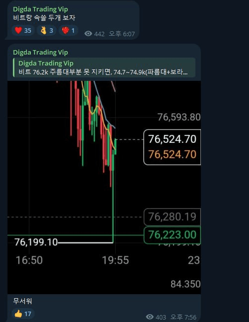 디그다VIP방에는 비트 76.2K까지는 보자고 했는데, 생각보다 반응 잘 나오네 🤔