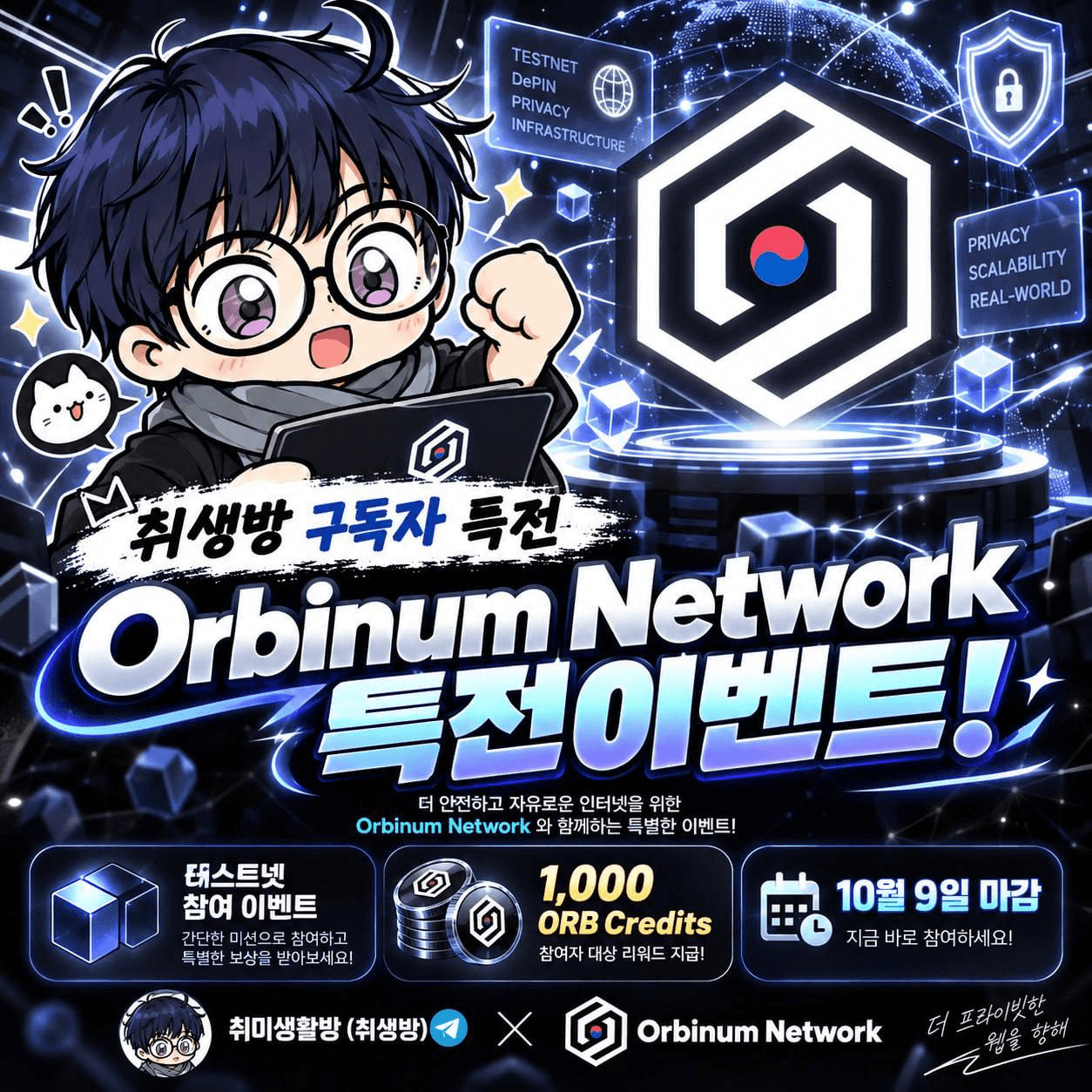 🛡Orbinum Network × 취미생활방 단독 이벤트‼️

✅ Token2049에서 Orbinum 프로젝트와 협력해 취미생활방 구독자분들을 위한 이벤트 특전을 받아왔습니다!! 오랜만에 테스트넷이 있는 프로젝트라 특전 이벤트뿐 아니라 에어드랍까지 받아가시면 좋을 것 같습니다.

 ✍ Orbinum이란? 
Orbinum은 영지식증명(ZK)과 이더리움 가상머신(EVM) 호환성을 결합해 정보를 보호하는 프라이버시 L1 프로젝트입니다.

😂 이벤트 기간 및 당첨자 발표
🟢이벤트 마감 : 10월 10일 낮 12시
🟢당첨자 발표 : 10월 17일 5명

🎁 취미생활방 구독자 특전 이벤트
🟢구글폼을 제출하신 분들 중 5분을 추첨하여 1000 Credits 을 증정 예정

✍️ 참여 방법
🟢Orbium Network 커뮤니티 3개 가입(하단에 기재한 텔레그램 + 디스코드 + X)
🟢테스트넷 가이드 읽기 및 진행 하기
🟢구글폼 작성하기 

인턴이 발로뛰어 어렵게 가져온 이벤트이니 많은 참여 부탁드립니다!! 이번에 커뮤니티 인원이 1000명을 돌파하면 당첨자가 10명까지 늘어난다고 하니 많관부!

📱 텔레그램 접속하기 
😛 디스코드 접속하기 
📲 공식 X 접속하기

#Orbium #에어드랍