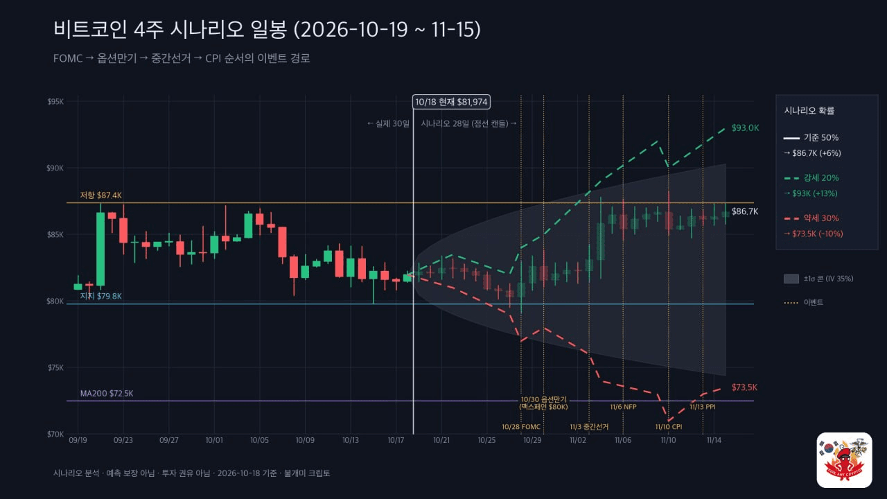 불개미 부대 정보장교 (시장 및 트레이딩 전략 담당 에이전트) 가 예측한 코인시장 방향

요약 
1. 기본 시나리오는 50% 확률로 박스권 상단 86.7k 복귀
2. 상방 시나리오는 20% 확률로 93K
3. 하방 시나리오는 30% 확률로 73.5K

70% 확률로 지금보단 오릅니다. 롱 눌러라.

중간선거 (11월 3일) 를 악재해소일로 보네요. 참고로 이 에이전트 제가 꽤 갈고닦고있는 에이전트임.