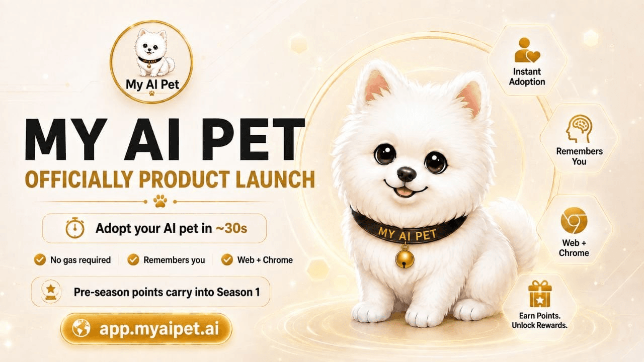 🦮 My AI PET 서비스 공식 출시 Source
#AD

➡️ AI 펫 입양하러가기
*지갑만 연결하면 끝, 가스비 X

📔 상세 내용 정리
· 9월 3일 오전 9시부로 시즌 1 시작
· 생성한 AI는 맥락 기억, 상호작용 통해 성장
· 일일 체크인, Dig 통해 포인트 적립 가능
· 배고픔, 에너지 등 수치 있음
· 웹, 크롬 환경 지원
· 대화할수록 기억이 쌓여 정체성이 확립됨

✍️ 아예 AI로 생성도 가능하고 사진 넣으면 좀 더 원하는대로 뽑아주는 듯

사이버 펫 답게 밥먹고 놀고 산책하는거 전부 클릭 딸깍으로 가능. 이후엔 채팅하면서 포인트 쌓기

#MYAIPET