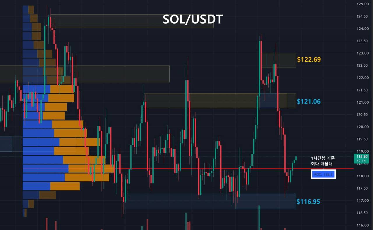 솔라나 주요 지지, 저항대 확인 (1시간봉-1일2회 업데이트) 
 
1️⃣ Key Level 
저항선1 : 노란영역, $122.69
지지선1 : 파란영역, $121.06
지지선2 : 파란영역, $116.95

2️⃣ 최다 거래량 발생 기준 
09/27 이후 1시간봉 기준 최다 매물대
지지선 : $118.30