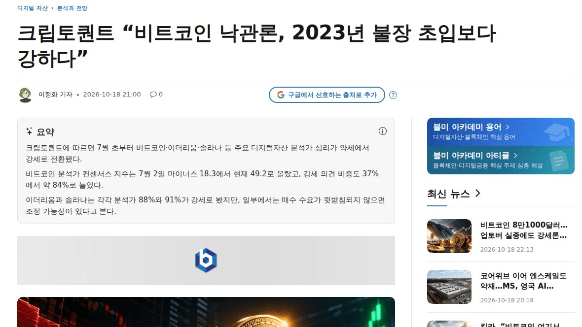 분석가 심리는 불장인데 돈은 아직 안 따라오는 중

크립토퀀트 집계로 분석가 컨센서스 지수가 7월 2일 -18.3에서 현재 49.2까지 올라왔음. 강세 의견 비중도 37%에서 약 84%로 뛰었고, 103일간 67포인트 상승이라 2022~2023년 같은 기간(36포인트)보다 훨씬 가파름.

근데 숨은 포인트는 가격임. 이번 상승률은 33%로 지난 주기(65%)의 절반 수준인데 낙관론은 더 강함. 기대가 가격보다 앞서 달리는 중이라는 뜻임. 업토버 기대도 약해졌고 BTC는 8만1천달러대에서 횡보, ETF는 유출 중이라 심리와 자금 흐름이 따로 노는 모양새임.

심리 지표는 후행일 수도, 쏠리면 역지표일 수도 있음. 그래서 말이 아니라 돈이 따라오는지가 포인트로 보임.

✔ 체크포인트
· ETF 유출이 유입으로 돌아서는지
· 8만 달러 지지 유지, 8만2천 달러 저항 돌파 여부

고래가 다시 축적 중이라는 점은 긍정적이지만, 매수 수요가 못 받쳐주면 실망 조정도 열려 있음

#BTC #온체인데이터

https://www.blockmedia.co.kr/archives/1152992?utm_source=general&utm_medium=rss
